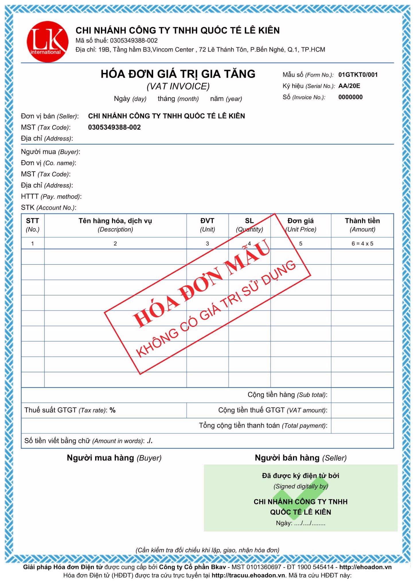 Mẫu hóa đơn điện tử BKAV thiết kế 1.000.000đ - CPB7