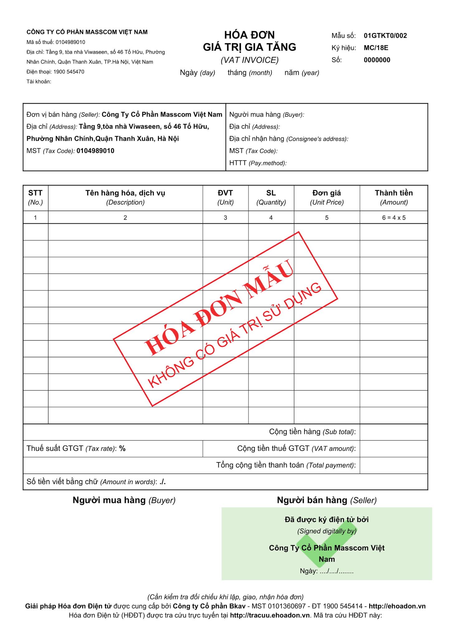 Mẫu hóa đơn điện tử BKAV thiết kế 1.000.000đ - CPB9